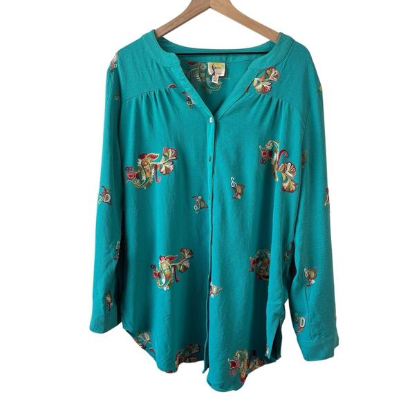 Anthropologie Fig And Flower Top 2X Teal Green Boho Peasant Floral Embroidered - Picture 1 of 9